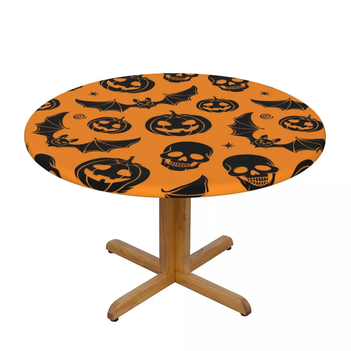

Fitted Round Tablecloth Protector Soft Glass Table Cover Black Pumpkin Bat And Skull Anti-Scald Plate Kitchen Home Tablemat