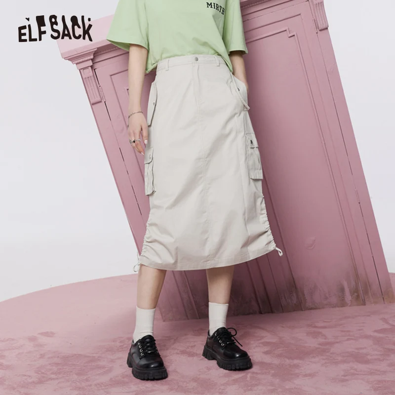 ELFSACK Gray Cargo Skirts Women 2023 Spring High Waist Mid-length Straight Bottom