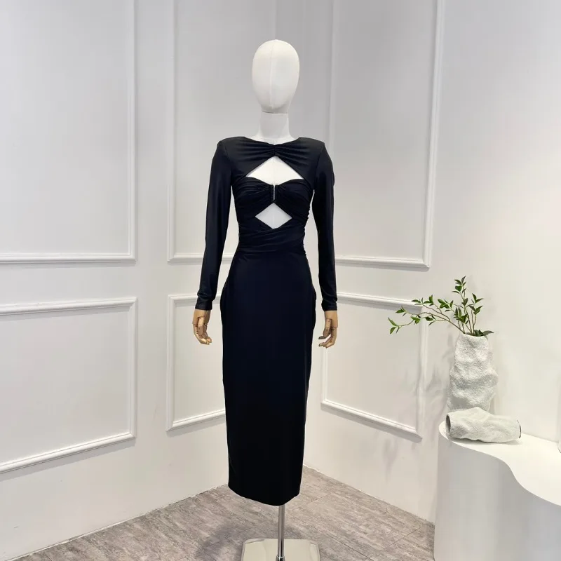 

2023 Summer Autumn Latest Sexy Pink Black Long Sleeve Backless Midi Dress for Women Fashion