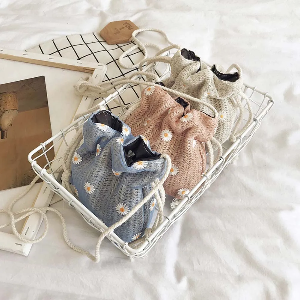 

Соломенная плетеная Сумка-мешок на плечо для женщин, летняя сетчатая сумочка-тоут через плечо с маргариткой, тоут ручной работы для хранени...