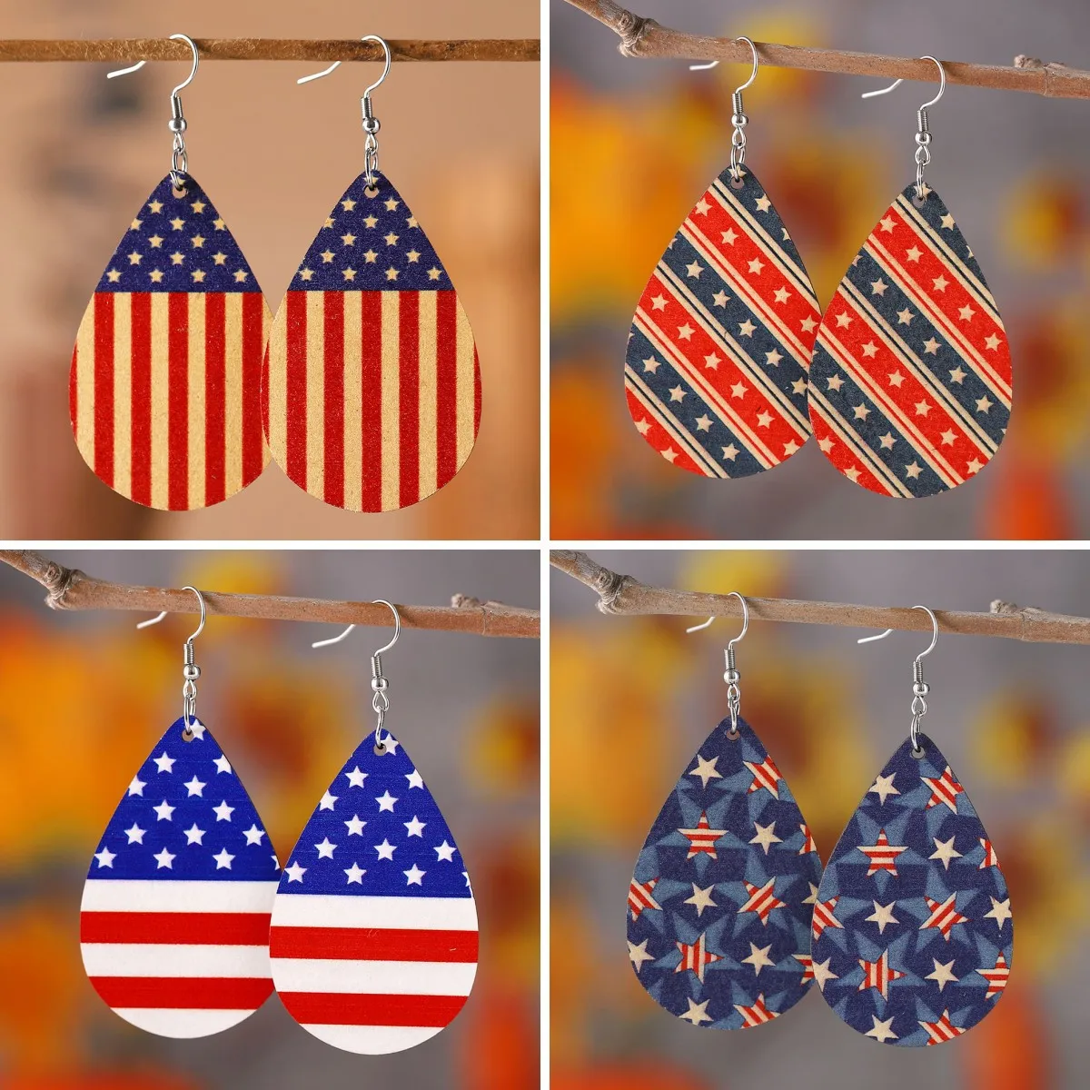 

Independence Day Earrings American Flag Color Star Stripe Earrings Double sided Wooden Water Drop Earrings