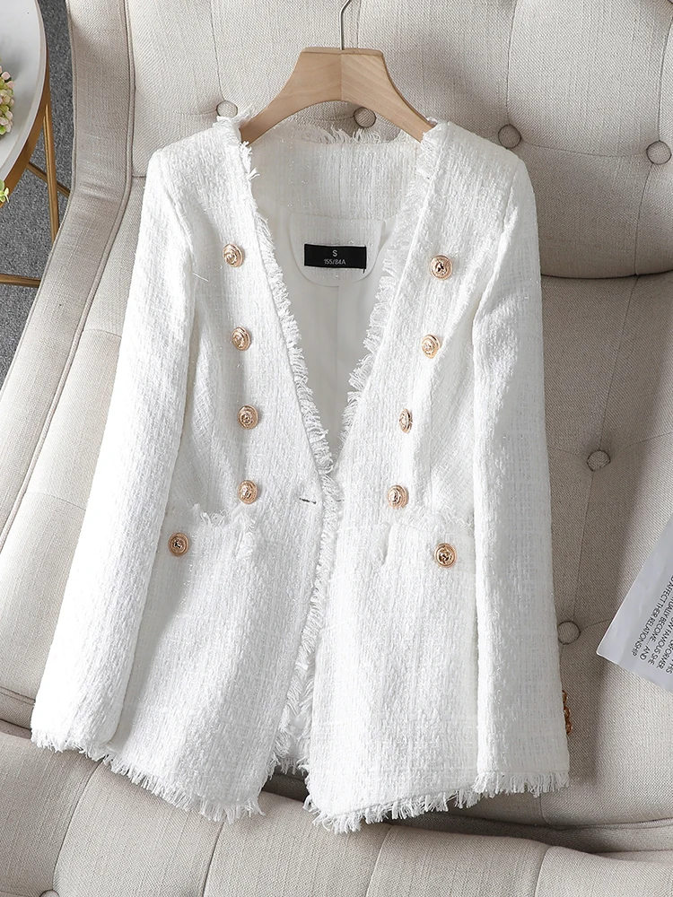 2023 Elegant Women Jacket Black White Plaid Casual Long Sleeve Double Breasted Female Clothing Office Ladies Formal Blazer Coat