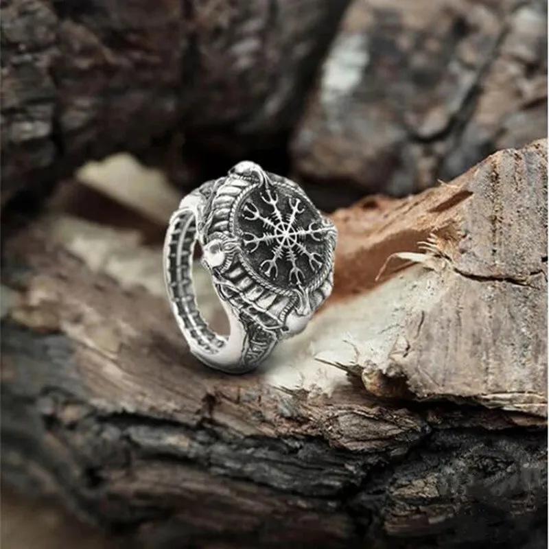 

Secret Boys Vintage Viking Lucky Rune Helm of Awe Symbol Skull Opening Adjustable Ring Metal Copper Jewelry Biker Finger Ring