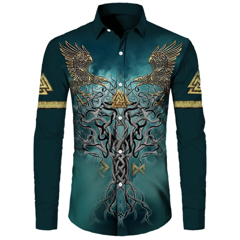 

New Raven Odin Tattoo Art Men's Shirt Personality Lapel Button Shirt Harajuku Viking 3D printed long sleeve street men's shirt