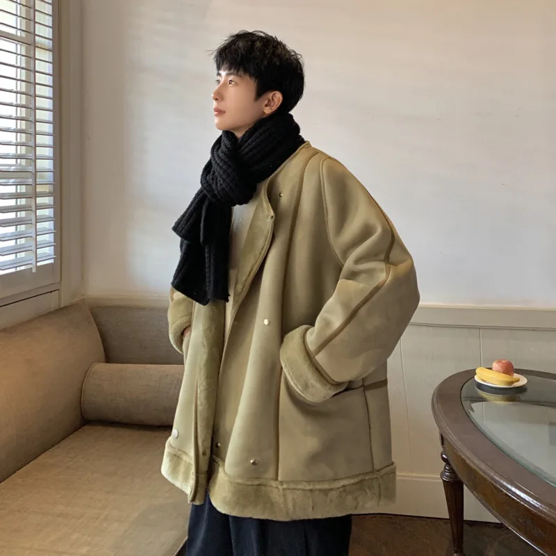 Winter Jacket Men Warm Fashion Retro Thicke Lamb Hair Jacket Mens Streetwear Korean Loose Short Coat Mens Thick Leather Jackets