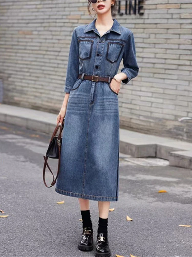 

Новинка, платья для женщин, весна 2023, однотонные длинные платья в стиле пэчворк с лацканами, женская одежда, джинсовые платья, уличная одежда, женское платье