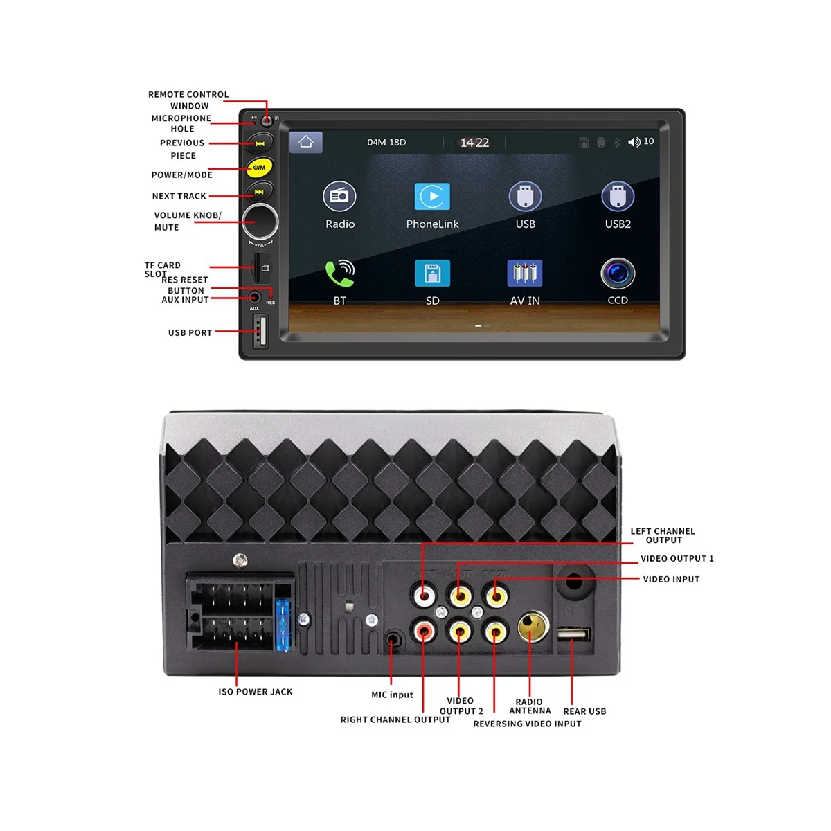

Автомагнитола 2 Din, мультимедийный плеер с сенсорным экраном 7 дюймов, Bluetooth, AUX, камерой, CarPlay, Android