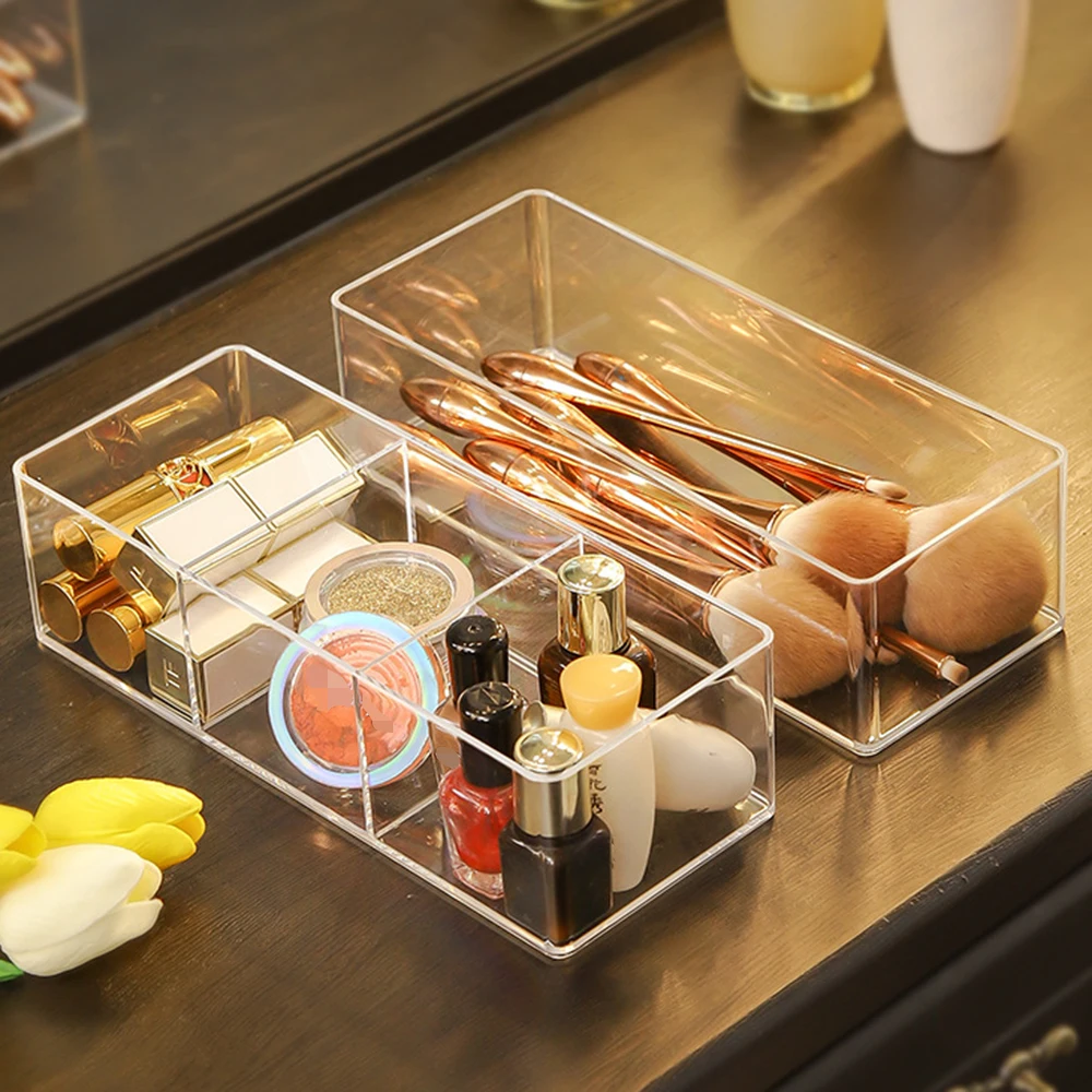 

1/3 Compartment Clear Acrylic Makeup Layered Storage Box Dressing Table Cosmetic Lipstick Finishing Grid Box Desktop Storage Box