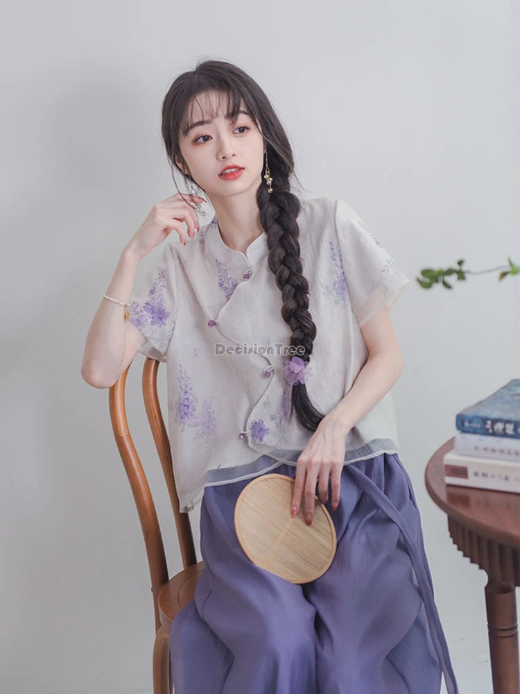 2024 новый китайский стиль нерегулярный дизайн блузка Cheongsam с короткими рукавами +