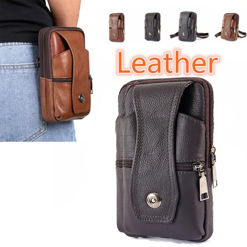 

Men Leather Waist Bag Fanny Pack Large Capacity Belt Bag Shoulder Bags Crossbody Bags Multi-layer Buckle Mobile Phone Bag