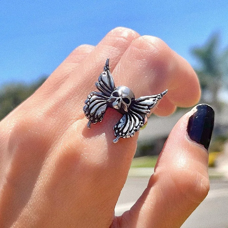 

Retro personality Vintage carving Butterfly Skull Ring for Men and Women PunkSilver Ring Rings for Men Rings for Women
