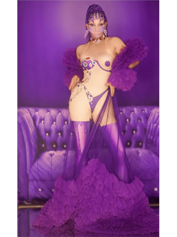 

Purple Mesh Big Train Transparent Long Cloak Jumpsuit Evening Birthday Celebrate Costume Stage Dancer Performance Outfit
