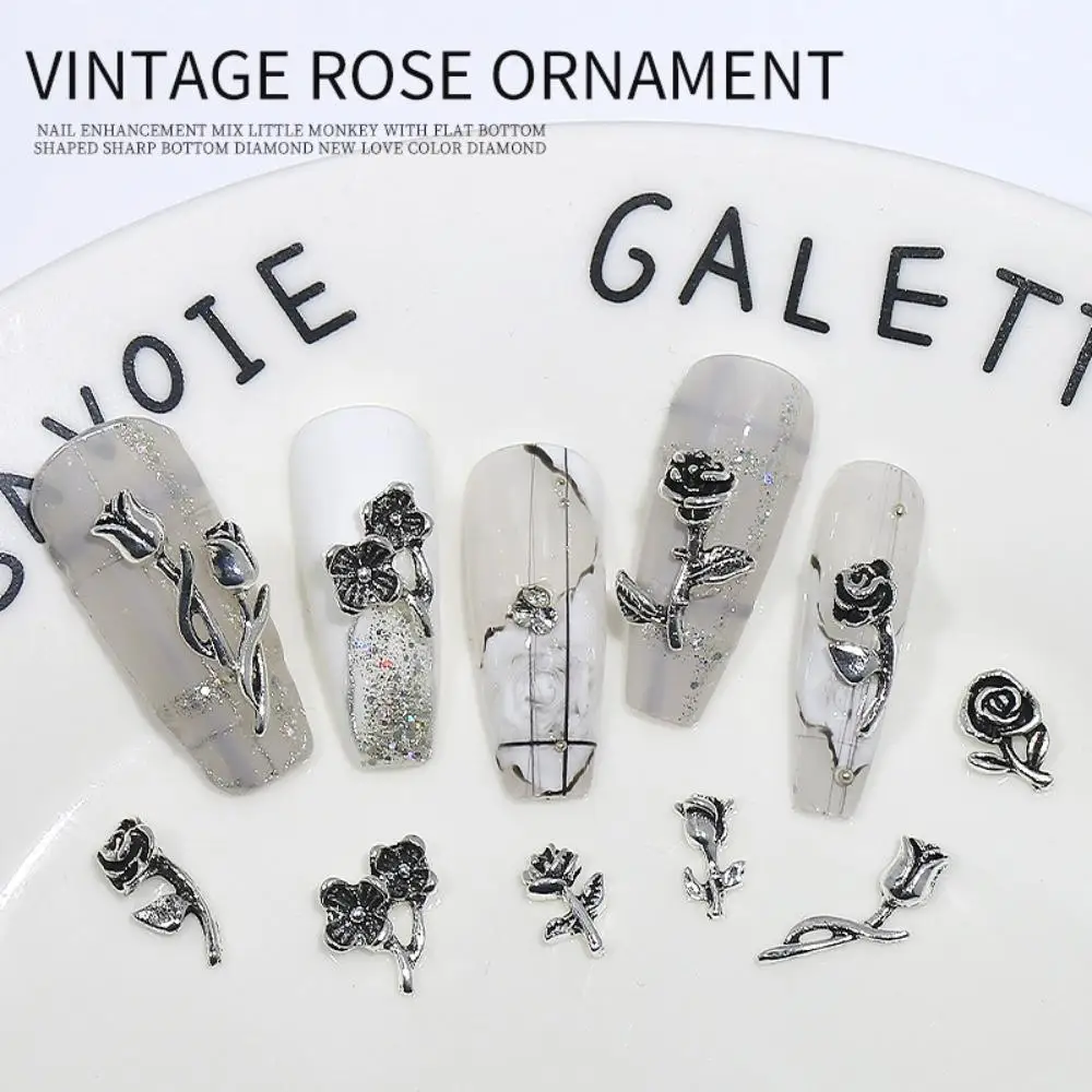 

10 шт., серебряные розы, цветы, искусственные ногти, аксессуары из сплава 3D, роскошные металлические украшения, ювелирные изделия, блестящие у...
