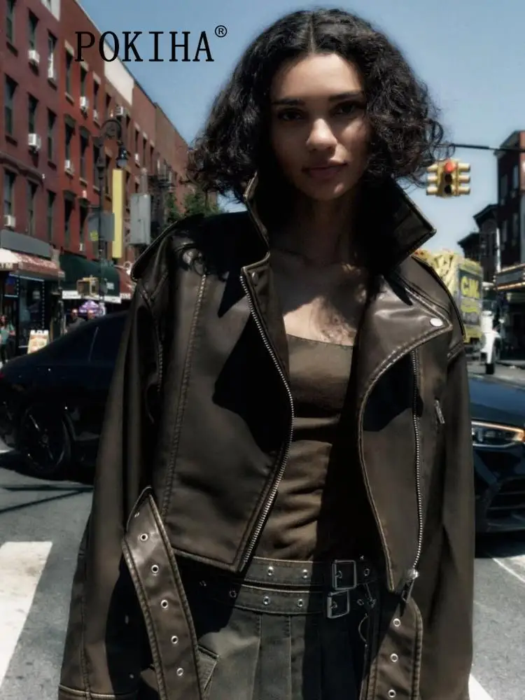 

Куртка-бомбер Pokiha женская из искусственной кожи, модный пиджак с длинным рукавом, воротник с лацканами, верхняя одежда на молнии спереди, шикарный топ