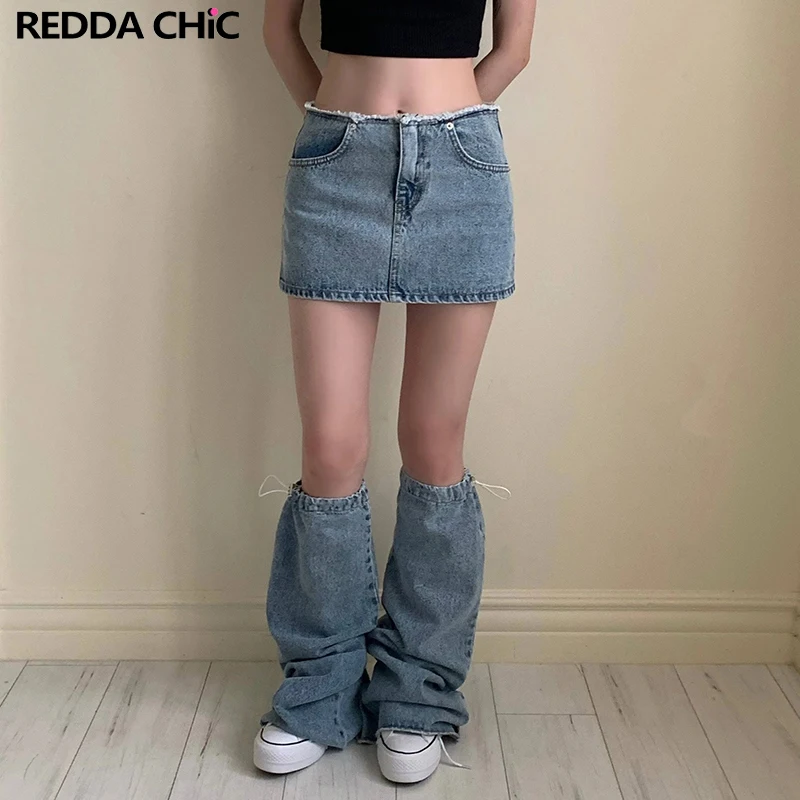 

REDDACHiC Sexy Two-piece Skirt Set Low Waist Denim Mini Skirt with Knee-long Leg Warmers Acubi Fashion Korean Women Streetwear