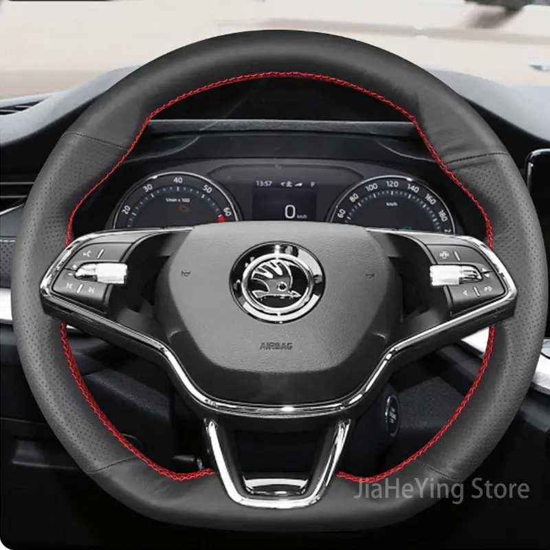 

DIY Custom Hand-sewn Steering Wheel Cover For Skoda Wear-resistant Leather Non-slip Interior Accessories