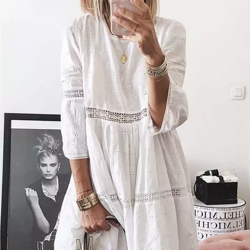 

Broken Flower Dresses Hollow Loose Casual Party Dress New Style Ladies Elegant Embroidery Lace Dress White Female Stitching Dres