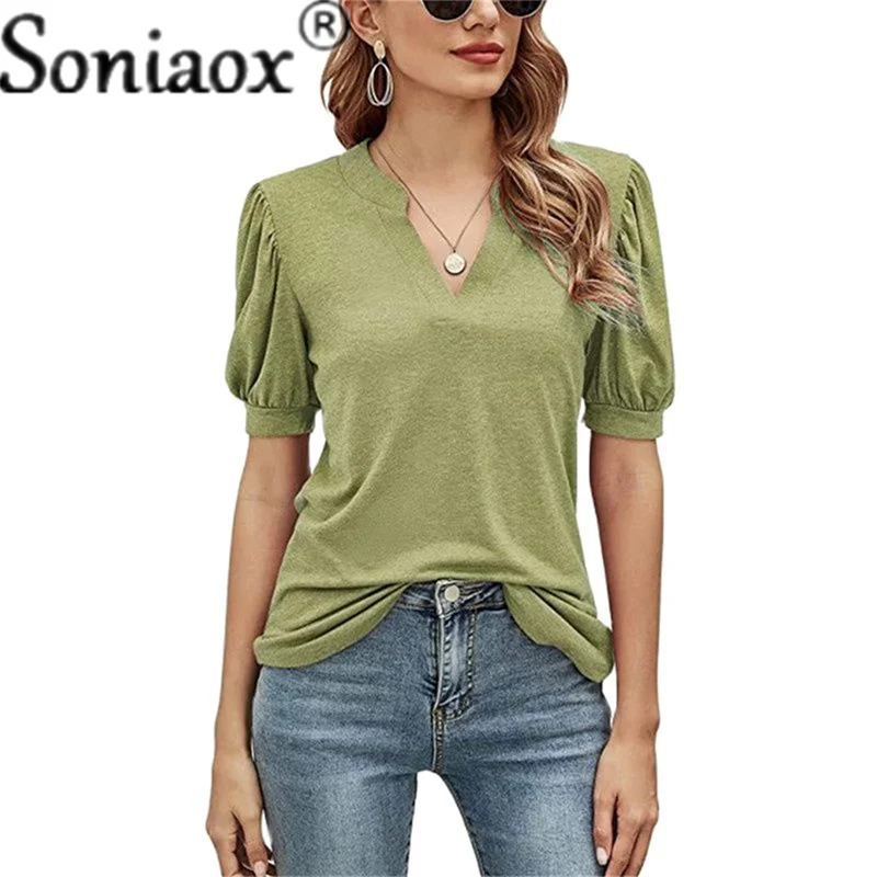 Купи 2022 Summer Solid Color Casual Women T-Shirts Puff Short Sleeve Elegant Loose Ladies Tops V-Neck Street T-Shirt Pullover Female за 550 рублей в магазине AliExpress