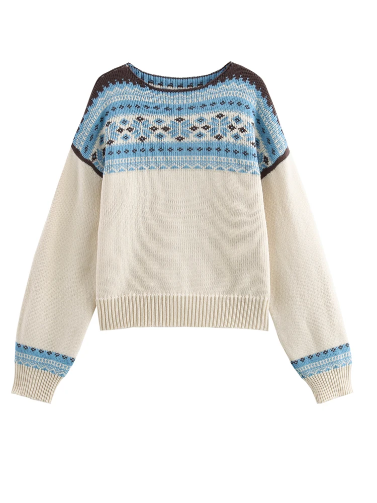 KAOPU ZA женский жаккардовый вязаный свитер винтажный пуловер с круглым вырезом и