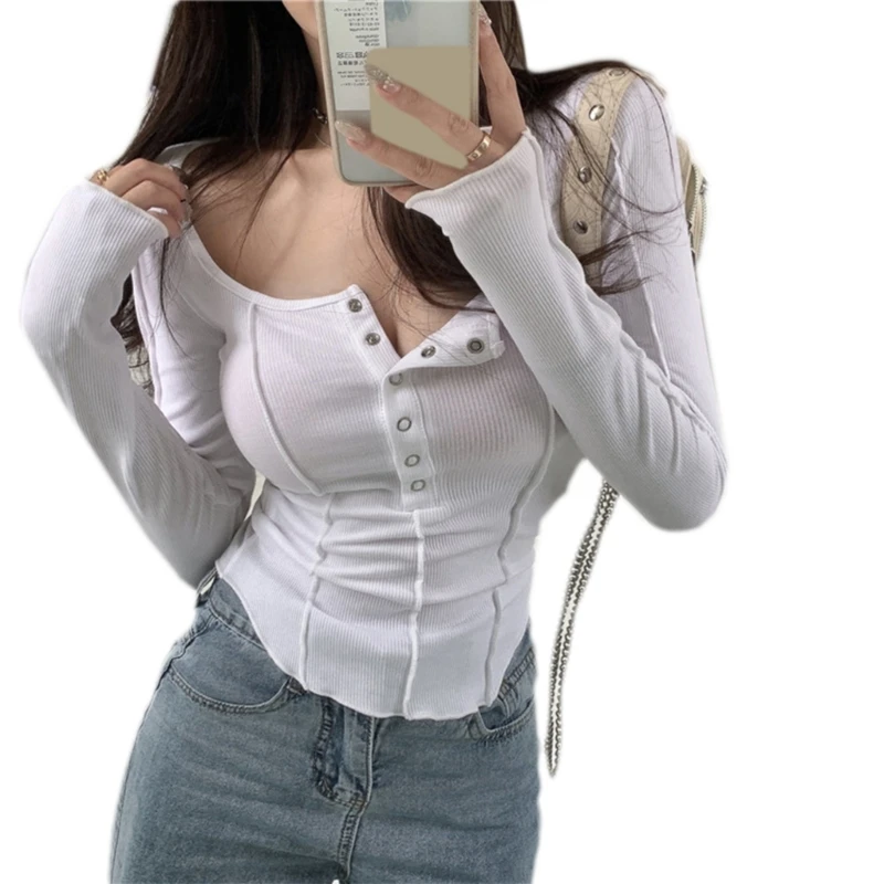 

Women Long Sleeve Ribbed Knit Crop Top Low Cut Square Neck Button Down T-Shirt