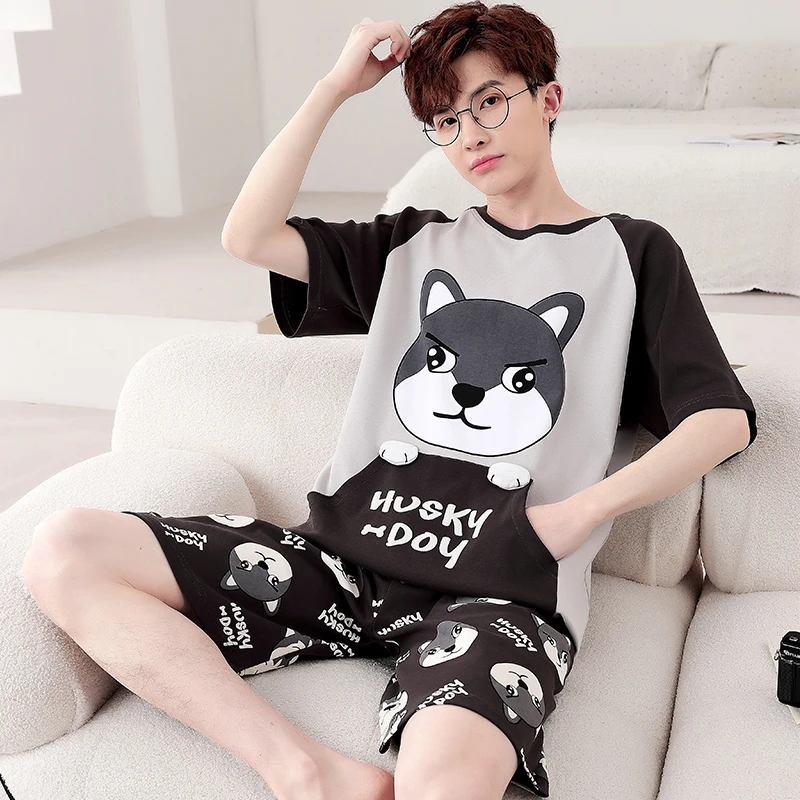 

Cartoon Dog Men Pajama Sets Summer Short Sleeve Sleepwear Women Cute Pyjama Suit Korean Loose Boys Girls Pijama Mujer Loungewear