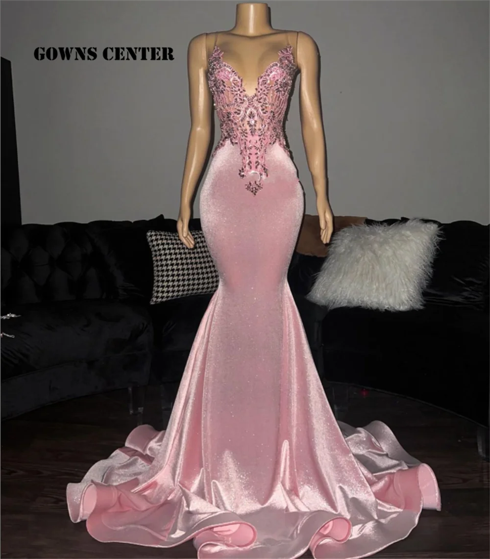 

Pink Velvet Prom Dresses 2022 For Black Girls Mermiad Graduations Dresses Spaghetti Birthday Party Gowns Beaded Wedding Gown