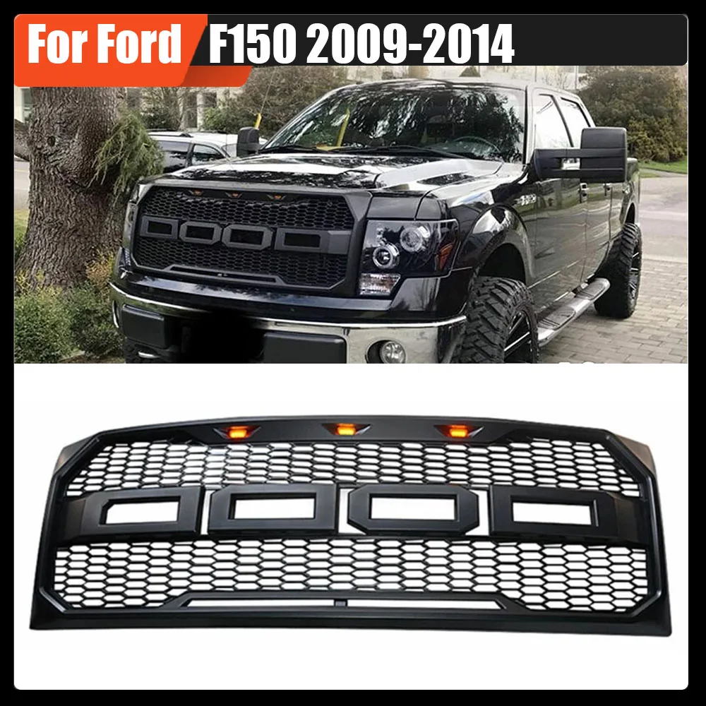 

Car Front Grill 4X4 Offroad Bumper Grille W/ Amber LED Light & Replacement Letter Modified Raptor Grills For Ford F150 2009-2014