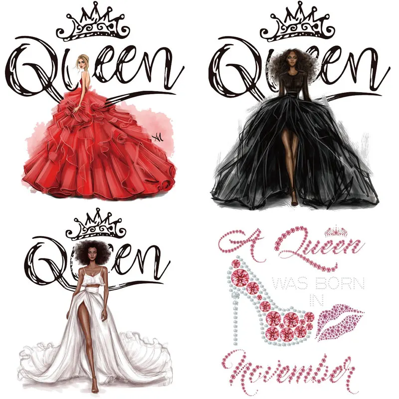 

Black Girl Queen Thermo Stickers Diamond Shoes Letters Patches on Clothes Iron-on Transfers for Clothing Thermoadhesive Parches