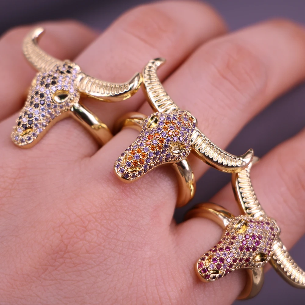 

5PCS, NEW Design Cool Bull Head Ring For Women Copper Pave CZ Zircon Jewelry Animal Ox Horn Ring Men Gift