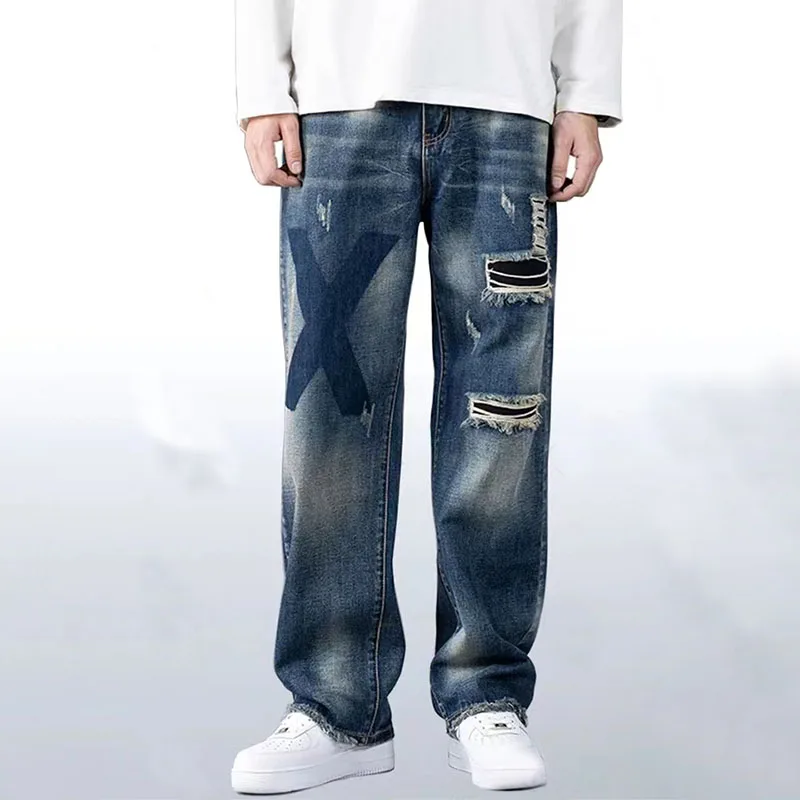 Blue Ripped Holed Wide Leg Jeans Men High Quality Loose Casual Denim Pants Autumn Hip Hop Streetwear Baggy Jeans for Men