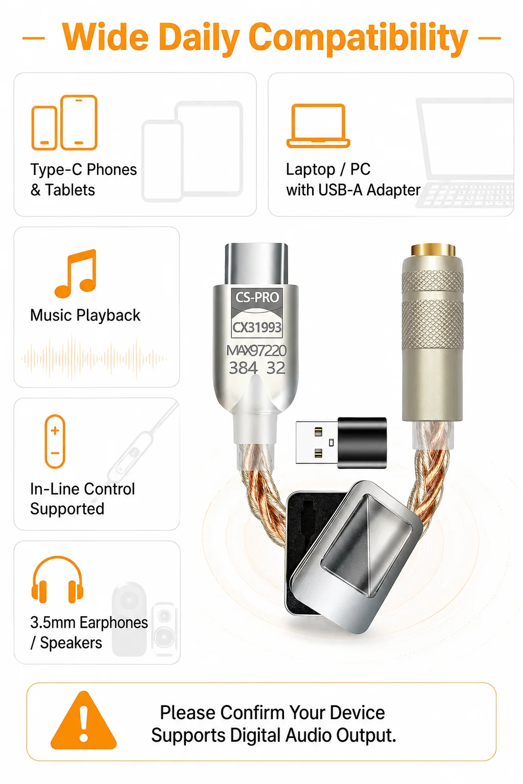 Фото 2 шт., 4 шт., 6 шт. USB-C DAC-адаптеры CX31993 MAX97220, Hi-Fi аудиоконвертеры Type-C на 3,5 мм, усилители для наушников, 32 бит, 384 кГц №5