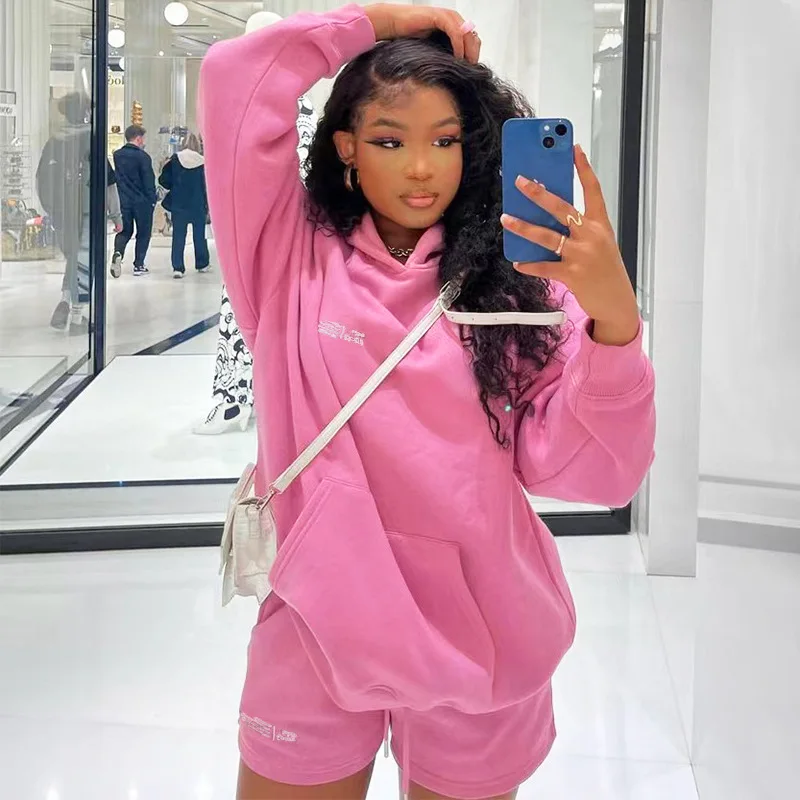 

Echoine Autumn Wintwer Warm Thick Hoodies Top and Shorts Set Tracksuit Sweatsuit Two Piece Set Pink Sports Letter Print Outfits
