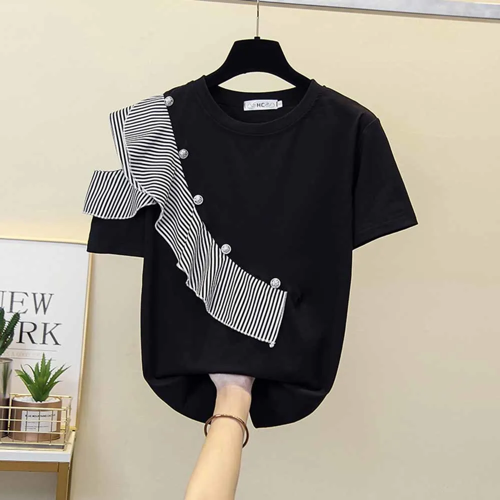 

off shoulder Patchwork Ruffle Stripe Tops For Women O Neck Short Sleeve Casual T Shirt Female Fashion New 2022 Summer