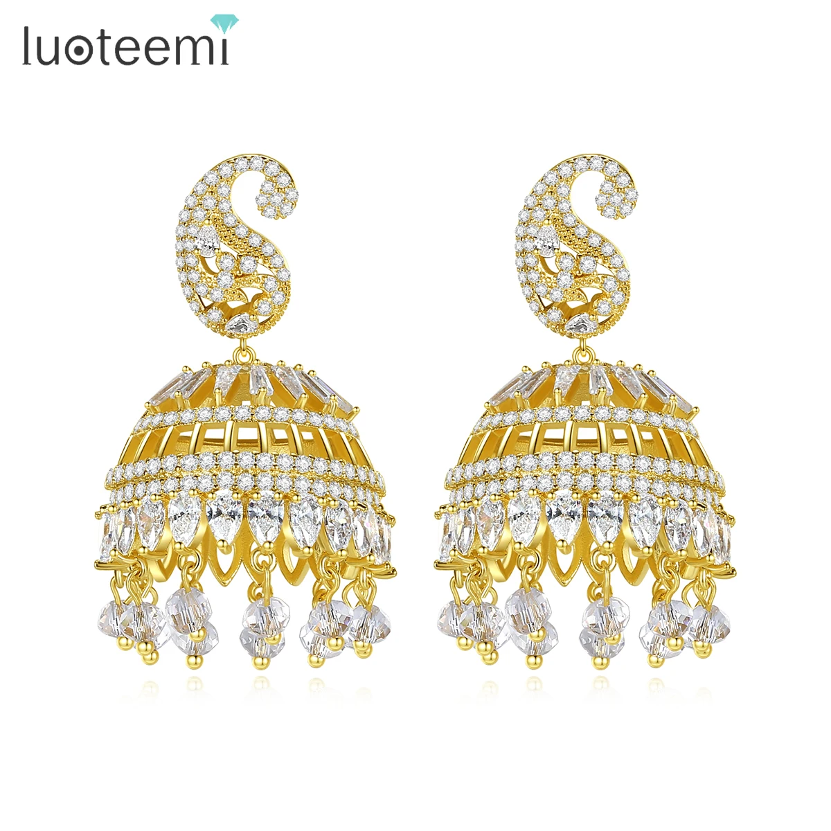

LUOTEEMI Gorgeous Pakistan Style Bell Drop Earring for Women Bridals Shiny AAA Cubic Zircon Clear Beads Big Fashion Jewelry Gift