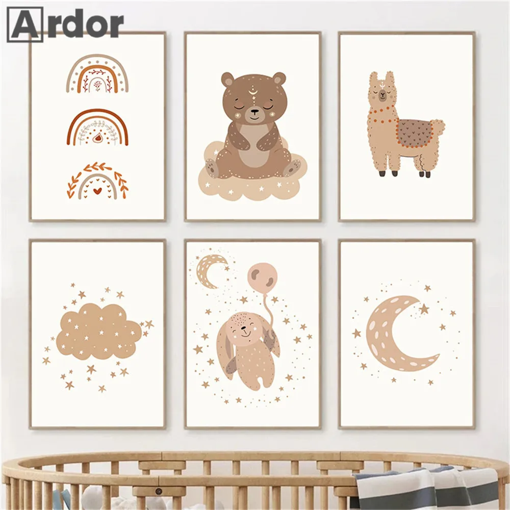 

Boho Moon Cloud Rainbow Wall Art Poster Rabbit Bear Alpaca Canvas Painting Nursery Print Pictures Nordic Posters Kids Room Decor