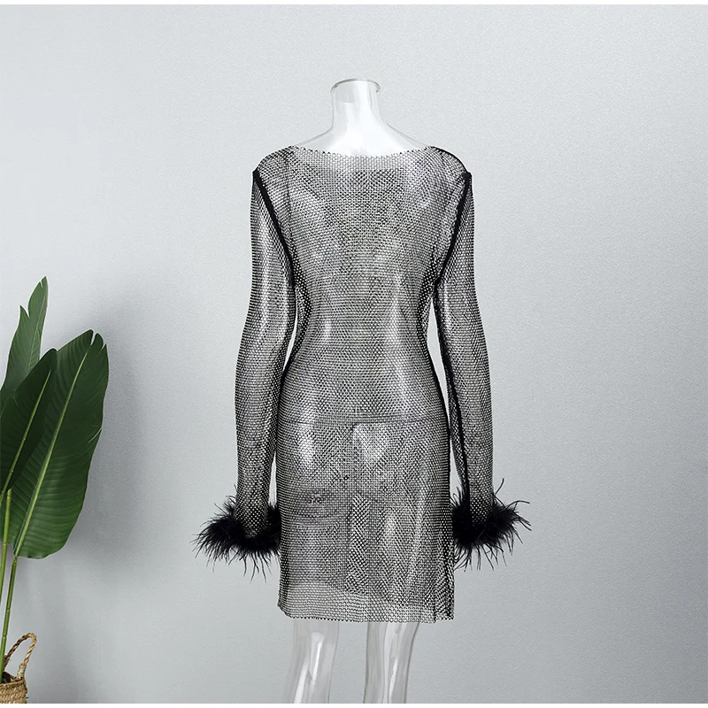 Sexy Rhinestones Mesh Feathers Dress Women Fashion Tassel See Through Long Sleeve Dress Shinny Sequins Club Party Outfit