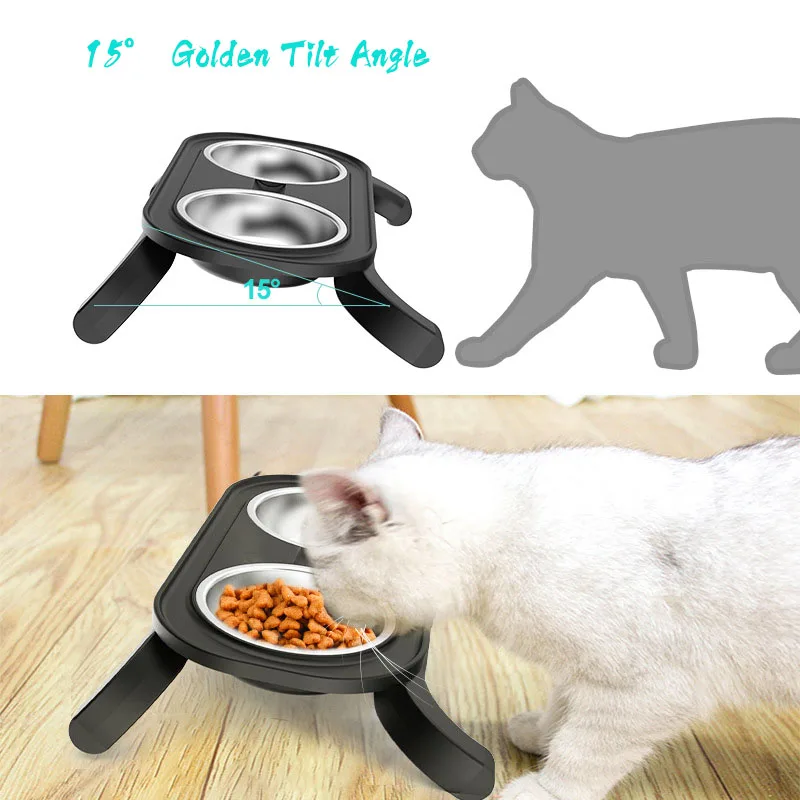 Adjustable Pet Cat Bowl Water Food Feeder with Stand Kitten Anti-Tip Elevated Feeding Double Stainless Steel Dish Dog Supplies
