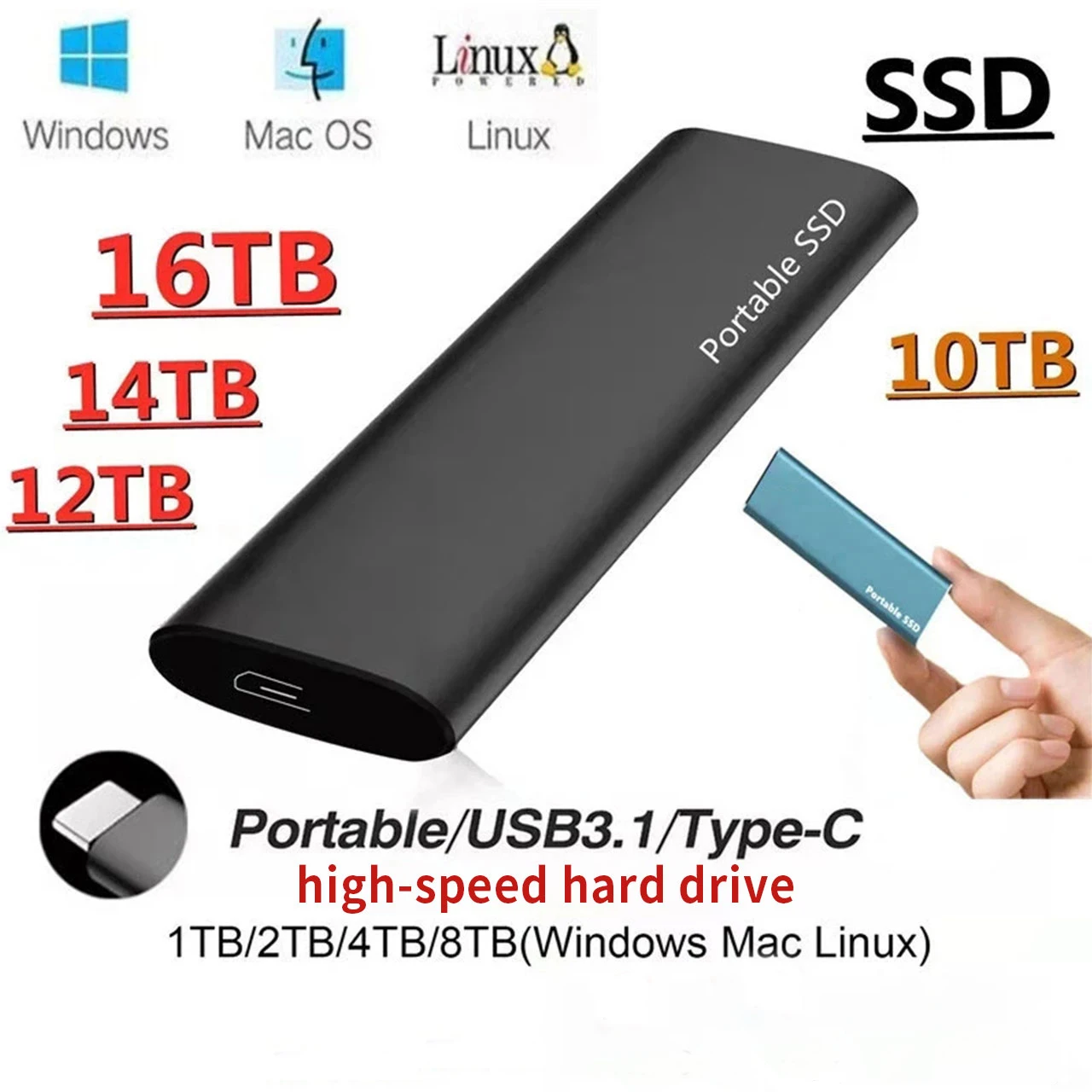 

1TB SSD External Portable Hard Drive Storage Device High Capacity Mobile Solid State Drive Computer USB 3.1 Mobile Hard Drives