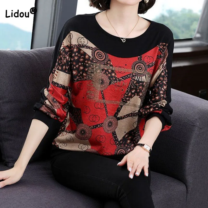 

Spring Autumn Female Fashion Loose Patchwork Printing T-shirt Women's Clothing All-match Vintage Long Sleeve Round Neck Tops