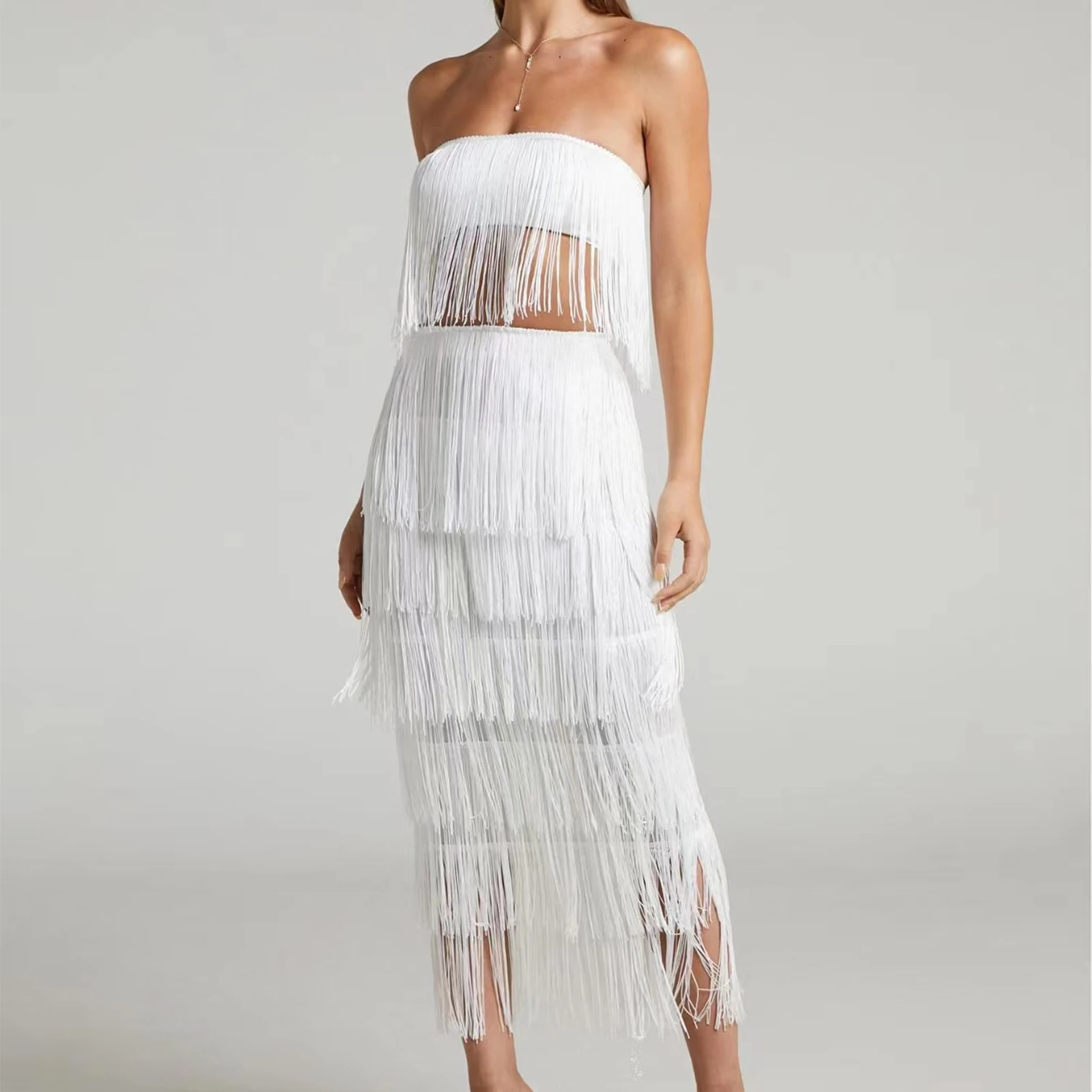 

Women Cami Top Long Skirt Solid Color Fringe Strapless Tops Skirt Navel Exposed Slim Fit Off Shoulder Dancing Party Clothing New