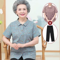 grandma summer clothes middle aged elderly mother short sleeved cotton shirt pant suit floral two pieces set for women outifits