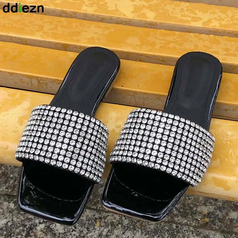 

Big Size Ladies Slippers Female Shoes Flats Fashion Women Flip Flop Summer New 2022 Square Toe Rhinestones Casual Outside Slides