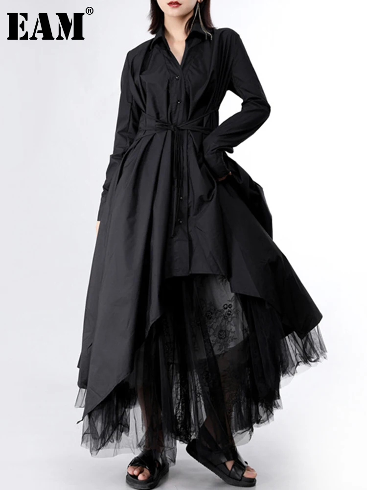

[EAM] 2022 Новинка весна осень лацканы с длинным рукавом бандаж на пуговицах стежка плиссированные нерегулярные рубашки платье Женская мода JY778