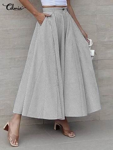 Celmia High Waist Pockets Long Skirt Streetwear Party Women Striped Maxi Skirts Fashion Elegant A-line 2023 Autumn Jupes Femme