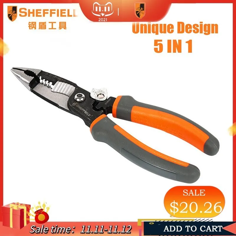

SHEFFIELD 8 inches 5-in-1 Multifunctional Electrician pliers electrical needle nose pliers Wire Stripper Crimping 5 in 1 pliers