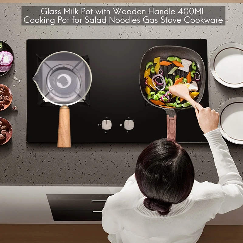 Стеклянная молочная кастрюля с деревянной ручкой 400 мл для приготовления салата
