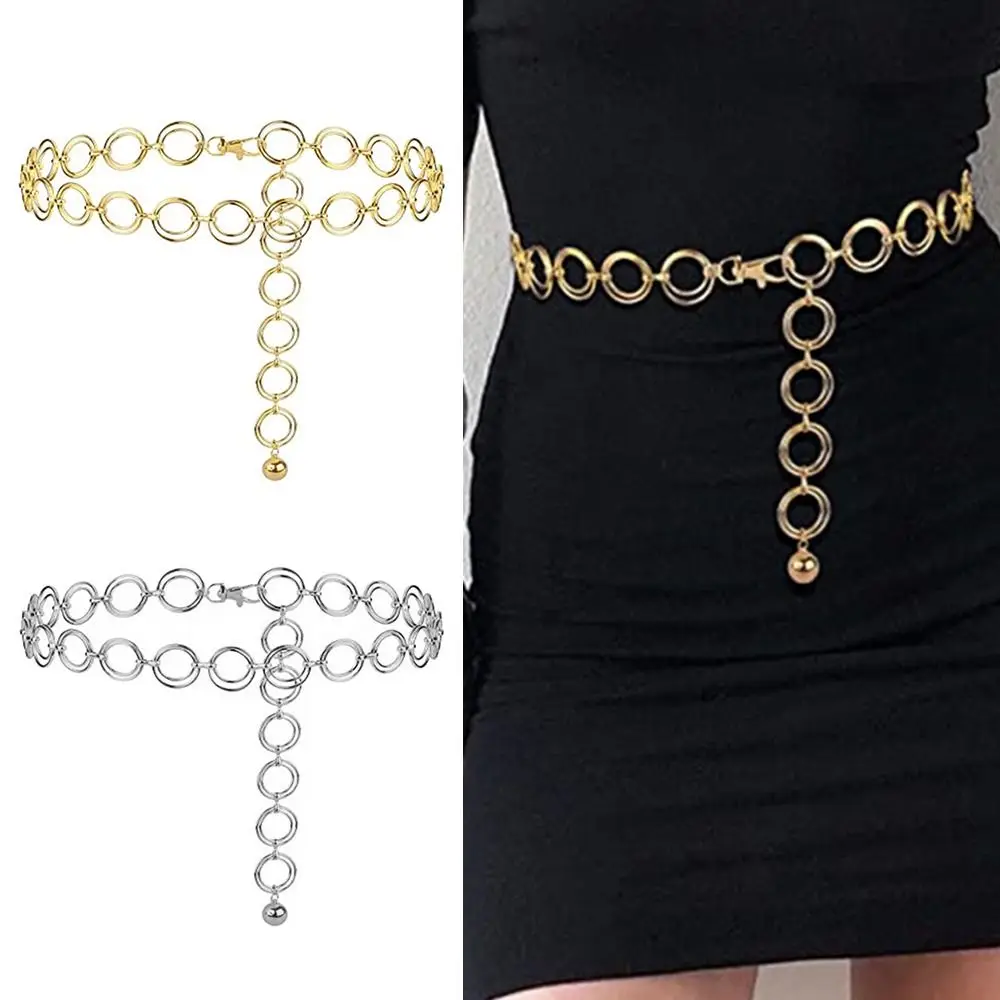 

Fashion Casual Elegant Trendy Luxury Alloy Waistband Slimming Cummerbands Metal Chain Belt Double Ring Waist Band