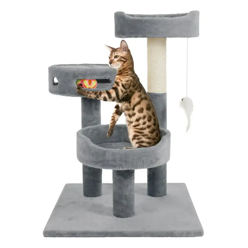 

3-Tier Cat Tower with Sisal Rope Scratching Post, 2 Carpeted Napping Perches, Hanging Mouse, and Interactive Toy for Indoor Cat