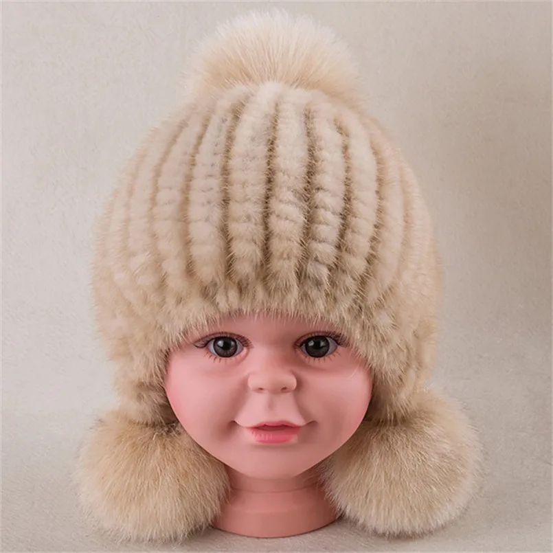 kids winter fur hats cap with pompom Real mink fur hat knitted warm fluffy kids children beanie boy girls caps