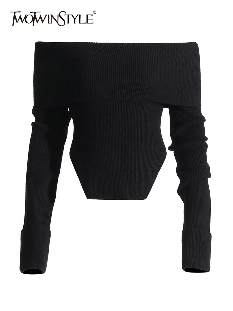 

Женский трикотажный свитер TWOTWINSTYLE, Однотонный свитер с вырезом лодочкой и длинным рукавом, с открытыми плечами